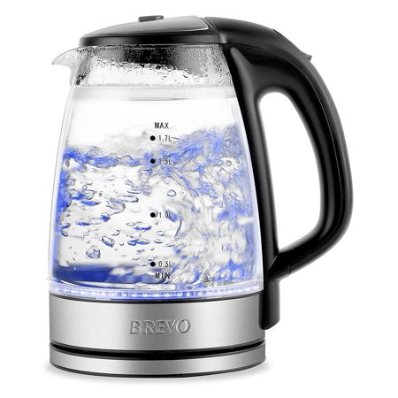 BREVO Double Wall Safe Touch Cordless Electric Glass Kettle with LED Blue Light
